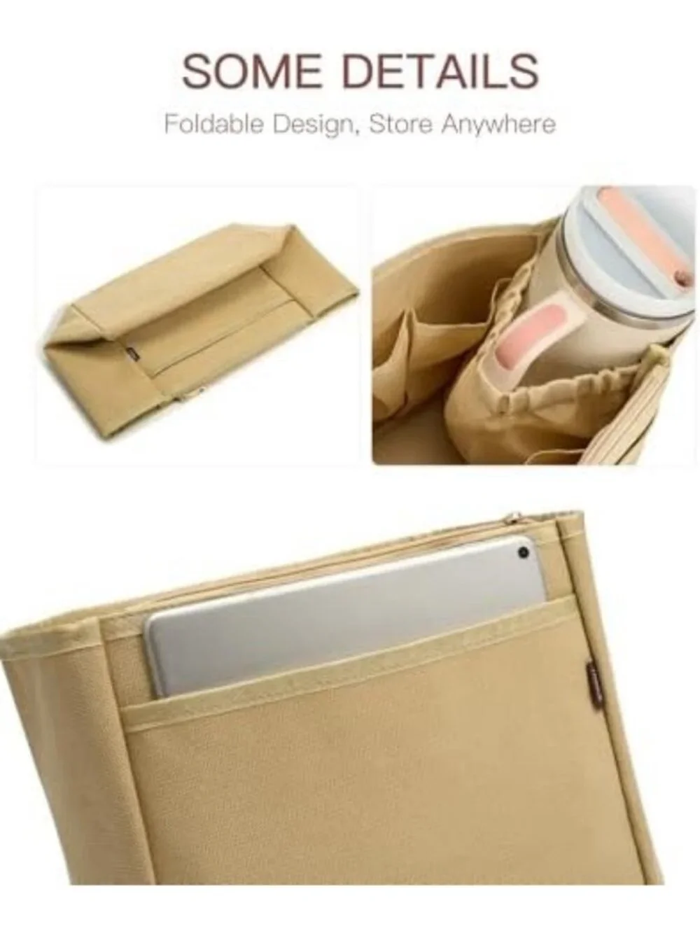 Large Tote Bag Organizer Insert with Cup Holder & Zipper Bag, 9 Pockets, Beige
